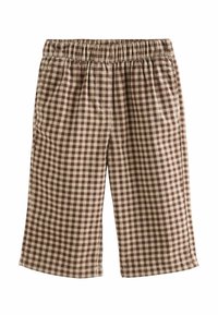 Brązowe i beżowe spodnie w kratę z elastycznym pasem, szerokimi nogawkami i miękkim, teksturowanym materiałem. Posiadają klasyczny wzór gingham.