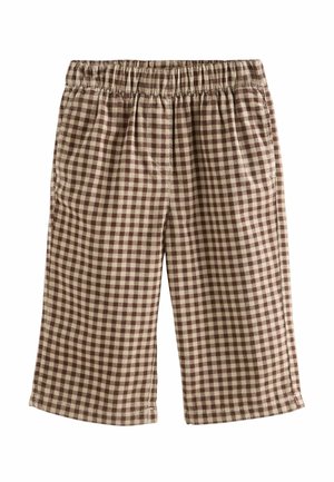 Bruine en beige geruite broek met een elastische tailleband, wijde pijpen en een zachte, gestructureerde stof. Bevat een klassiek ginghampatroon.