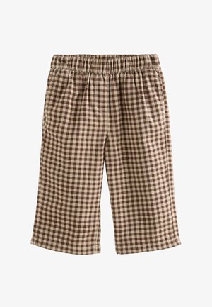 Bruine en beige geruite broek met een elastische tailleband, wijde pijpen en een zachte, gestructureerde stof. Bevat een klassiek ginghampatroon.