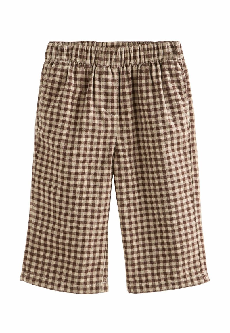 Brązowe i beżowe spodnie w kratę z elastycznym pasem, szerokimi nogawkami i miękkim, teksturowanym materiałem. Posiadają klasyczny wzór gingham.