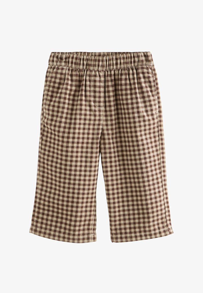 Pantaloni a quadri marroni e beige con una fascia elasticizzata in vita, gambe larghe e un tessuto morbido e strutturato. Presentano un classico motivo a gingham.