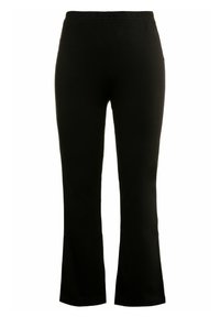 Pantaloni neri a palazzo realizzati in un tessuto morbido e elasticizzato; presentano una vita elasticizzata e una texture liscia. Nessun motivo visibile o accessori metallici.