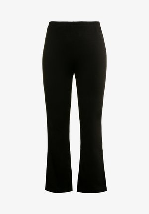 Sorte flairbukser lavet af blød, strækbar stof; har et elastisk taljebånd og en glat tekstur. Ingen synlige mønstre eller hardware.