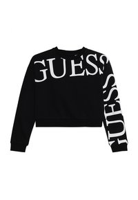 Czarny skrócony sweatshirt z dużym nadrukiem "GUESS" na klatce piersiowej i wzdłuż prawego rękawa w białym kolorze.