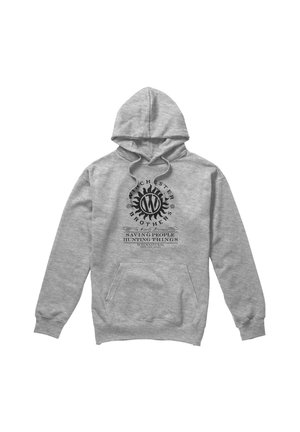 Gray hoodie with front pocket, black Winchester Brothers logo and text: "Saving People Hunting Things Supernatural Join the Hunt."