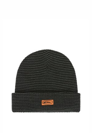 Black knitted beanie with folded edge and small orange rectangular logo patch on the front center.