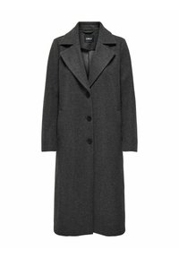 Abrigo de lana gris carbón con cuello con muesca, cierre frontal con botones, mangas largas y bolsillos laterales, con una silueta recta y entallada.