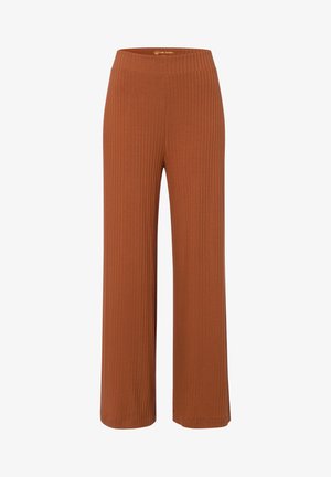 Pantaloni larghi color ruggine realizzati in tessuto a coste con cintura elastica, caratterizzati da una texture liscia e una vestibilità comoda.