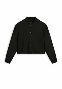 Veste courte noire à manches longues, fermeture par boutons-pression, deux poches avant, col et poignets côtelés.