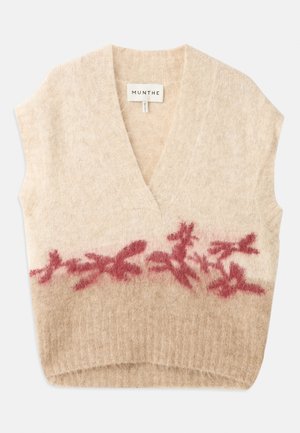 Beige bezrukávový vest s hlubokým V výstřihem, s jemnou texturou a květinovým vzorem v burgundské barvě nacházejícím se v dolní části. Viditelná značka.
