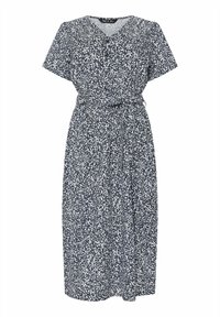 Vestito blu navy con maniche corte, scollatura a V, stampa floreale bianca, cintura in vita, lunghezza al ginocchio, tessuto morbido e bottoni lungo la parte anteriore.