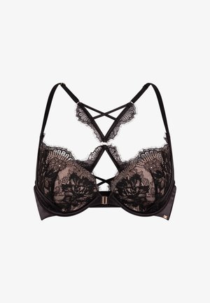 Zwarte kanten beha met bloempatroon, gewatteerde cups, verstelbare bandjes en kruislingse details aan de voor- en achterkant.