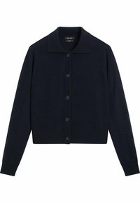 Granatowy kardigan z kołnierzykiem, zapinany na guziki, z długimi rękawami i miękką teksturą. Brak widocznych wzorów lub akcentów.