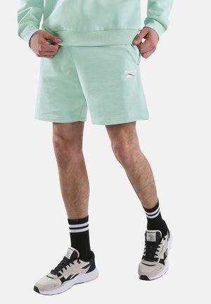 Person trägt mintgrüne Shorts und Sweatshirt, schwarz gestreifte Socken und weiße und schwarze Reebok-Sneaker, steht mit den Händen in den Taschen.