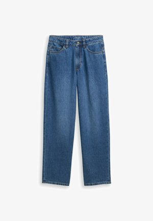 Svetlomodré riflové nohavice voľného, rovného strihu, s gombíkovým a zipsovým zapínaním, prešitými vreckami a plochým pásom.