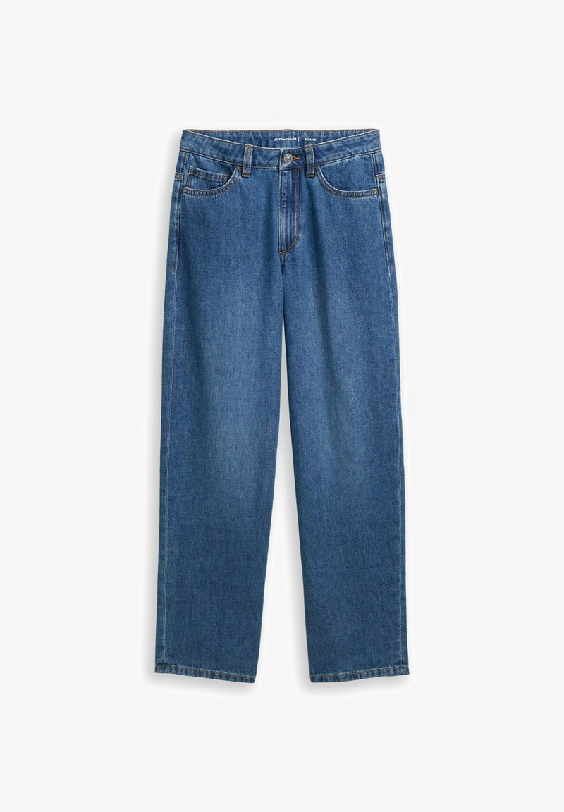 Šviesiai mėlynos spalvos džinsai iš medvilninio audinio, laisvo, tiesaus silueto, su sagų ir užtrauktuko užsegimu, siūtomis kišenėmis ir plokščiu juosmeniu.