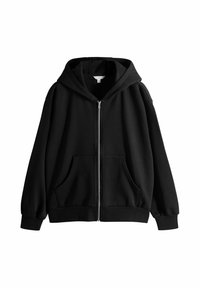 Schwarze Zip-Hoodie aus weichem Stoff. Verfügt über eine große Kapuze, Taschen vorn und gerippte Bündchen und Saum. Glatte Textur ohne Muster.