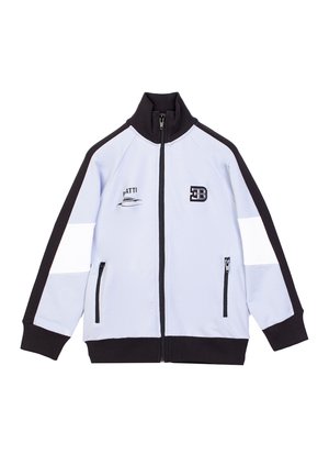 Giacca con zip azzurro chiaro e nera con collo nero, due tasche frontali con zip, strisce bianche sulle maniche e loghi sul petto.