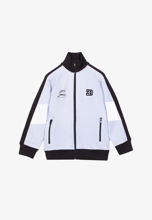 Light blue and black zip-up jacket with black collar, two front zip pockets, white sleeve stripes, and logos on chest.