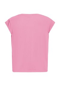 Enkelt lyserødt t-shirt med kortærmer, vist fladt med bagsiden vendt mod fronten, uden synlige logoer eller mønstre.