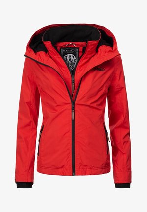 Raudonas nepralaidus vandeniui džemperis su juodu pamušalu užtrauktuku, priekinėmis kišenėmis ir dviem šoninėmis kišenėmis su dekoratyvine siuvine ir logotipų detalėmis.