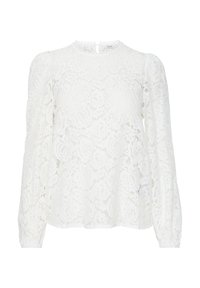 Blusa bianca in pizzo a maniche lunghe, con scollatura rotonda e maniche a sbuffo, caratterizzata da motivi floreali e una chiusura con bottoni sul retro.