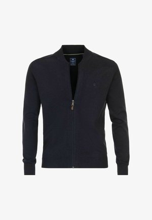 Marineblauer Zip-Jumper mit einem gerippten Kragen und Bündchen. Verfügt über eine glatte Textur und ein kleines Logo auf der Brust. Hergestellt aus einem flexiblen Material.