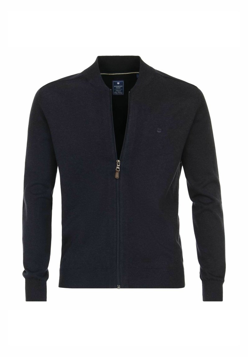 Marineblauer Zip-Jumper mit einem gerippten Kragen und Bündchen. Verfügt über eine glatte Textur und ein kleines Logo auf der Brust. Hergestellt aus einem flexiblen Material.