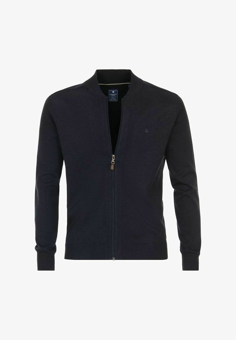Marineblauer Zip-Jumper mit einem gerippten Kragen und Bündchen. Verfügt über eine glatte Textur und ein kleines Logo auf der Brust. Hergestellt aus einem flexiblen Material.