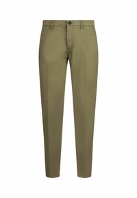 Olivgrüne Hose aus glattem Stoff, mit klassischem Design, Knopfverschluss und zwei seitlichen Taschen. Schmaler Schnitt.