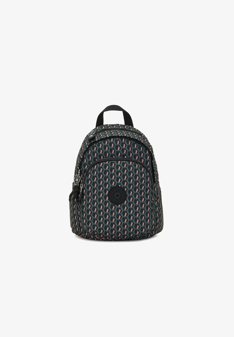 Sac à dos noir avec un motif orné d'accents roses, forme arrondie, compartiments zippés et une poignée supérieure pour le transport.
