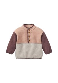 Fleece-Pullover für Kinder mit pinkem oberen Teil, beigem Unterkörper, lila Ärmeln, brauner Borte und vierknopfiger Verschluss auf der Brust.