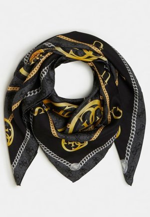 Écharpe noire à motifs de chaînes dorées et argentées, disposée en plis sur un fond blanc.