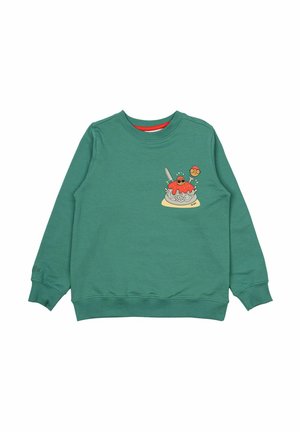 Vihreä huppari, joka on valmistettu pehmeästä kankaasta ribbed-hihansuilla. Edessä on värikäs graafinen kuva jälkiruoasta, jossa on hahmoja.