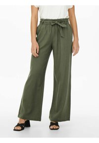 Lightweight, olive green wide-leg pants with a high waist and tie belt. Fabric has a smooth texture, with visible stitching and a relaxed fit.