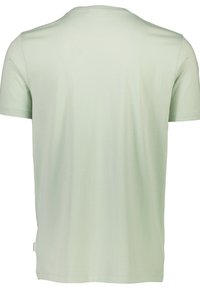 Vihreä vaaleanvihreä lyhythihainen t-paita, joka on valmistettu pehmeästä puuvillasta. Tässä paidassa on pyöreä kaula-aukko ja sileä pinta, jossa on minimaalinen muotoilu ilman logoja.