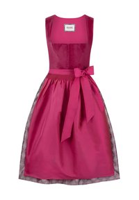 Fuchsia Kleid mit figurbetontem Oberteil, breiten Trägern, aus Satin gefertigt und einem gerafften Rock mit kontrastierendem, gemustertem Futter sowie einer Schleifendetail.
