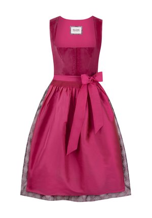 Fuchsia Kleid mit figurbetontem Oberteil, breiten Trägern, aus Satin gefertigt und einem gerafften Rock mit kontrastierendem, gemustertem Futter sowie einer Schleifendetail.