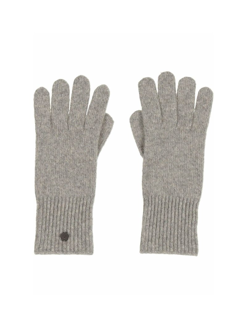 Gray knitted gloves with ribbed cuffs, featuring a small round logo on one wrist. Made from soft, textured knit material.
