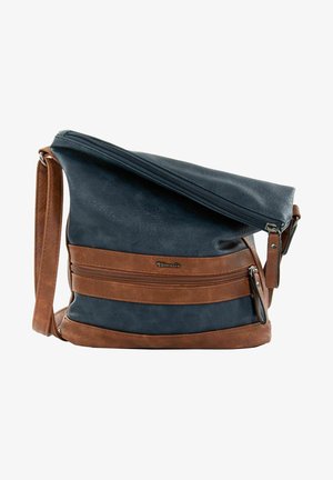 Blå og brun læder crossbody-taske med lynlåslukning øverst, forrest lynlåslomme og justerbar rem. Tekstureret finish med horisontale accenter.