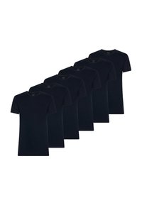 Set di sei t-shirt blu navy a maniche corte, realizzate in cotone, con scollo rotondo e vestibilità classica, senza pattern o dettagli visibili.