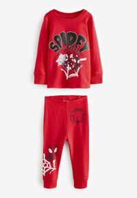 Rood katoenen pyjamセット met een langarmed top waarop de tekst "SPIDEY" staat, vergezeld van afbeeldingen van Spider-Man, en bijpassende leggings met spin afbeeldingen.