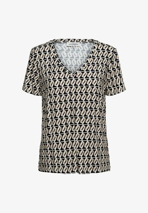 Korte mouw V-hals T-shirt van lichtgewicht stof, met een crèmekleurig en zwart abstract patroon, een losse pasvorm en een gladde textuur.