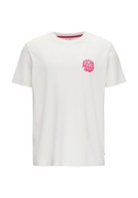 Weißes Baumwoll-T-Shirt mit kurzen Ärmeln und Rundhalsausschnitt, mit einem pinken runden "ESCAPE MOOD"-Grafik auf der linken Brustseite.