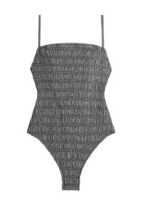 Maillot de bain une pièce texturé noir et blanc avec fines bretelles et tissu froncé élastique.