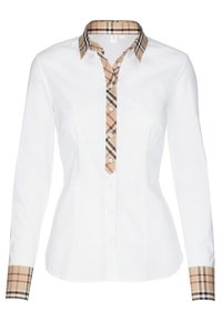 Camicia bianca a maniche lunghe con colletto e polsini a quadri in beige e nero, dotata di chiusura con bottoni e vestibilità aderente.