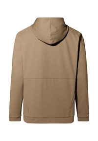 Kapuzensweatshirt in Beige mit strukturiertem Stoff, langen Ärmeln und einer Rückentasche mit einem kleinen grünen Akzentlogo.