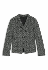 Sorte og hvide hælrette mønstrede blazer med store udskæringer, dobbeltradede knapper og sidelommer. Tekstureret stoffinish.