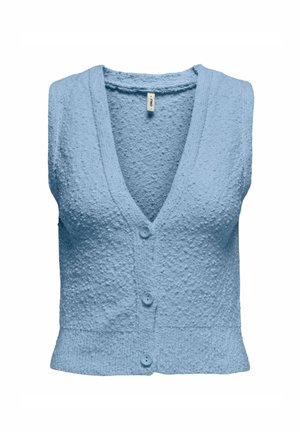 Lichtblauwe mouwloze cardigan van een gestructureerde, gemusterde stof, met V-hals en vijf knopen aan de voorkant. Zachte, ontspannen pasvorm.