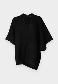 Svart ribbad cardigan med V-krage, korta ärmar och två framfickor. Har en strukturerad stickning och en öppen frontdesign.